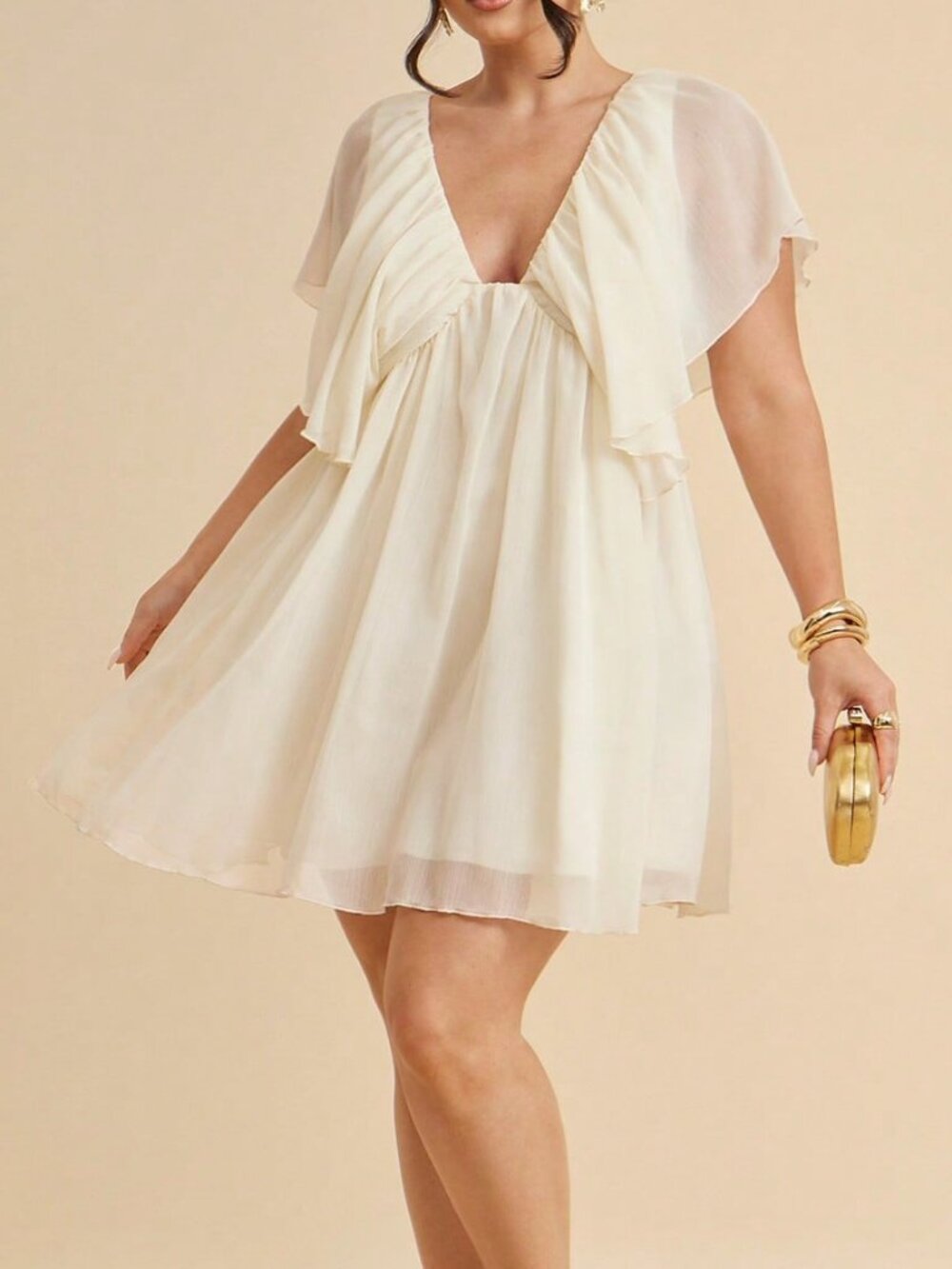 Apricot Cute Women's Plus Size Elegant Ruffle Deep V-Neck Mini Dress - Picture 5 of 5
